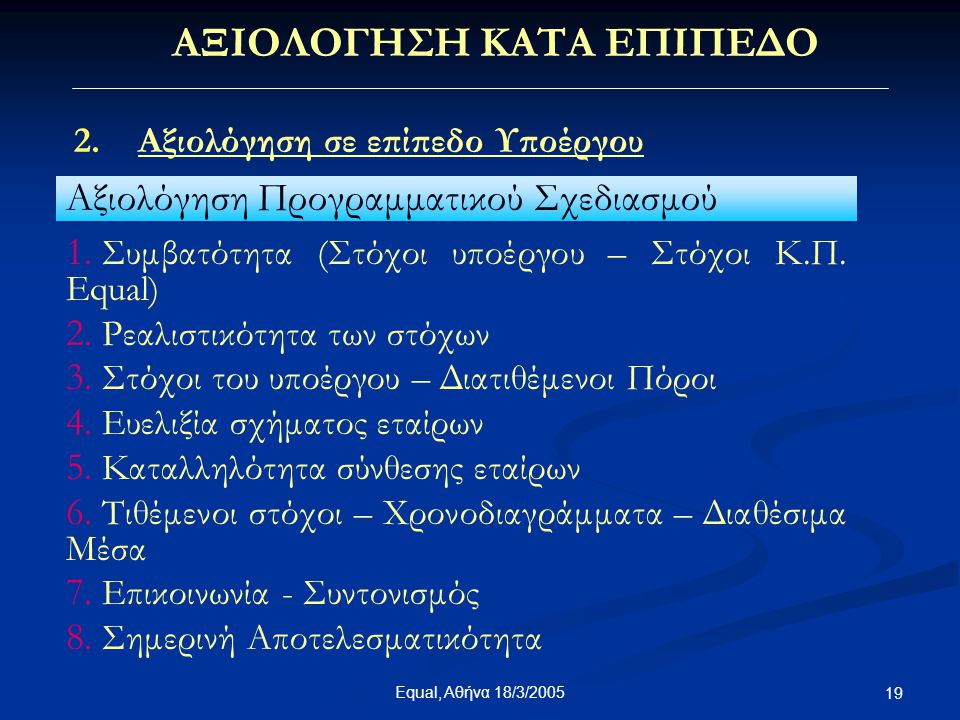 Equal, Αθήνα 18/3/ ΑΞΙΟΛΟΓΗΣΗ ΚΑΤΑ ΕΠΙΠΕΔΟ 2.Αξιολόγηση σε επίπεδο Υποέργου Αξιολόγηση Προγραμματικού Σχεδιασμού 1.
