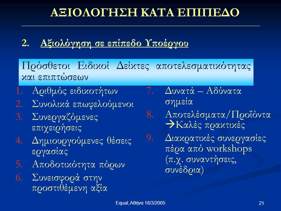 Equal, Αθήνα 18/3/ ΑΞΙΟΛΟΓΗΣΗ ΚΑΤΑ ΕΠΙΠΕΔΟ 2.Αξιολόγηση σε επίπεδο Υποέργου Πρόσθετοι Ειδικοί Δείκτες αποτελεσματικότητας και επιπτώσεων 1.Αριθμός ειδικοτήτων 2.Συνολικά επωφελούμενοι 3.Συνεργαζόμενες επιχειρήσεις 4.Δημιουργούμενες θέσεις εργασίας 5.Αποδοτικότητα πόρων 6.Συνεισφορά στην προστιθέμενη αξία 7.Δυνατά – Αδύνατα σημεία 8.Αποτελέσματα/Προΐόντα  Καλές πρακτικές 9.Διακρατικές συνεργασίες πέρα από workshops (π.χ.