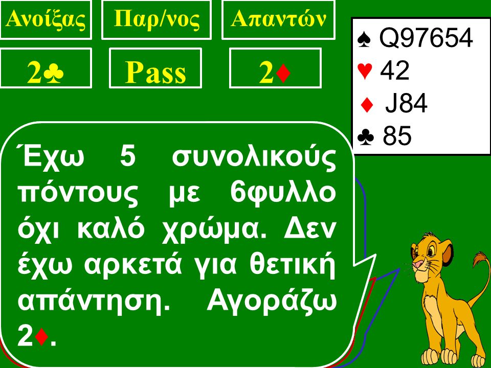 ΑνοίξαςΠαρ/νοςΑπαντών 2♣2♣ Pass .