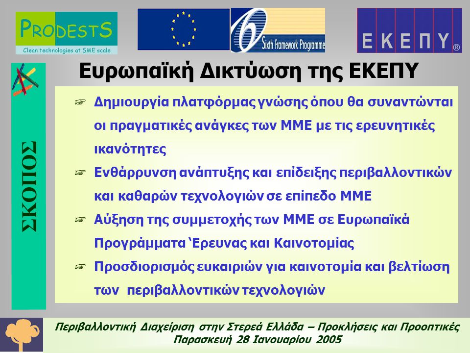 Περιβαλλοντική Διαχείριση στην Στερεά Ελλάδα – Προκλήσεις και Προοπτικές Παρασκευή 28 Ιανουαρίου 2005 Ευρωπαϊκή Δικτύωση της ΕΚΕΠΥ ☞ Δημιουργία πλατφόρμας γνώσης όπου θα συναντώνται οι πραγματικές ανάγκες των ΜΜΕ με τις ερευνητικές ικανότητες ☞ Ενθάρρυνση ανάπτυξης και επίδειξης περιβαλλοντικών και καθαρών τεχνολογιών σε επίπεδο ΜΜΕ ☞ Αύξηση της συμμετοχής των ΜΜΕ σε Ευρωπαϊκά Προγράμματα ‘Ερευνας και Καινοτομίας ☞ Προσδιορισμός ευκαιριών για καινοτομία και βελτίωση των περιβαλλοντικών τεχνολογιών ΣΚΟΠΟΣ