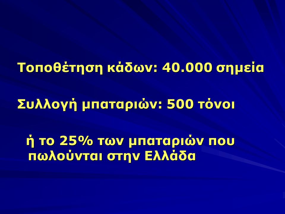 Τοποθέτηση κάδων: σημεία Συλλογή μπαταριών: 500 τόνοι ή το 25% των μπαταριών που πωλούνται στην Ελλάδα ή το 25% των μπαταριών που πωλούνται στην Ελλάδα