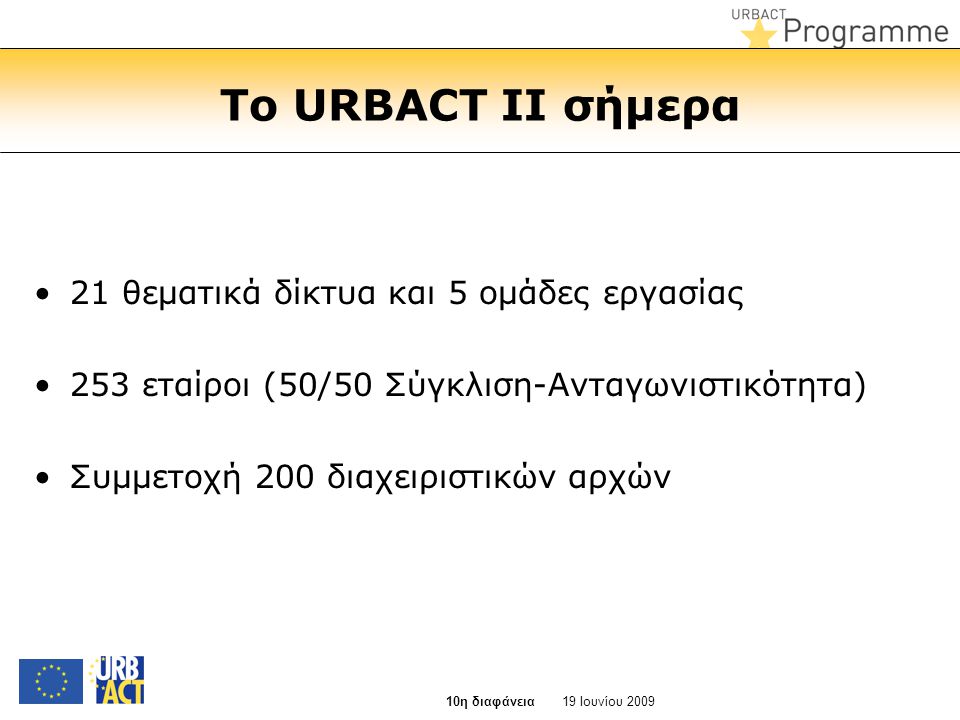 Το URBACT II σήμερα •21 θεματικά δίκτυα και 5 ομάδες εργασίας •253 εταίροι (50/50 Σύγκλιση-Ανταγωνιστικότητα) •Συμμετοχή 200 διαχειριστικών αρχών 19 Ιουνίου η διαφάνεια