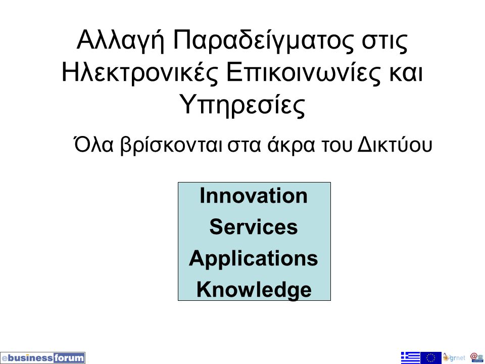 Αλλαγή Παραδείγματος στις Ηλεκτρονικές Επικοινωνίες και Υπηρεσίες Όλα βρίσκονται στα άκρα του Δικτύου Innovation Services Applications Knowledge