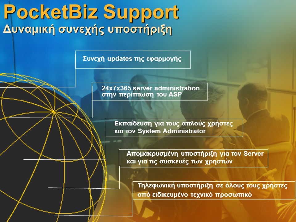 Απομακρυσμένη υποστήριξη για τον Server και για τις συσκευές των χρηστών Εκπαίδευση για τους απλούς χρήστες και τον System Administrator 24x7x365 server administration στην περίπτωση του ASP Συνεχή updates της εφαρμογής Τηλεφωνική υποστήριξη σε όλους τους χρήστες από ειδικευμένο τεχνικό προσωπικό PocketBiz Support Δυναμική συνεχής υποστήριξη
