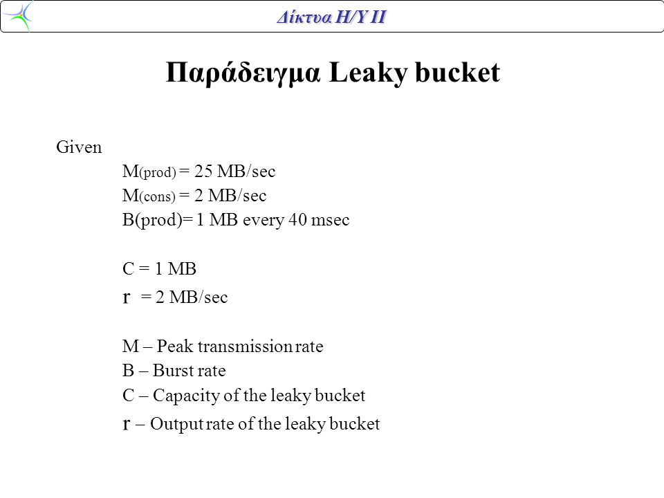 Δίκτυα Η/Υ ΙΙ Παράδειγμα Leaky bucket Given M (prod) = 25 MB/sec M (cons) = 2 MB/sec B(prod)= 1 MB every 40 msec C = 1 MB r = 2 MB/sec M – Peak transmission rate B – Burst rate C – Capacity of the leaky bucket r – Output rate of the leaky bucket