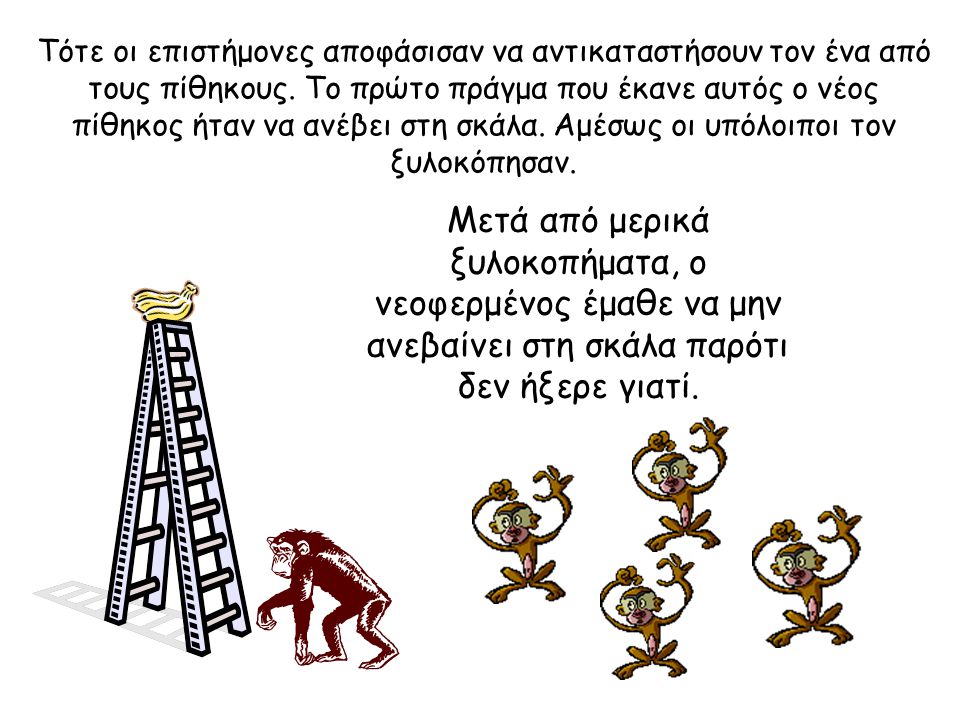 Σε σύντομο χρονικό διάστημα, κανένας πίθηκος δεν ανέβαινε πια στη σκάλα παρά τον έντονο πειρασμό.