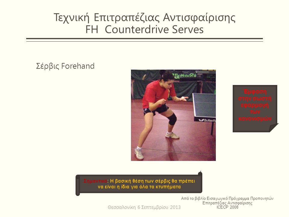 Τεχνική Επιτραπέζιας Αντισφαίρισης FH Counterdrive Serves Σέρβις Forehand Από το βιβλίο Εισαγωγικό Πρόγραμμα Προπονητών Επιτραπέζιας Αντισφαίρισης ICECP 2008 Σημαντικό: Η βασική θέση των σέρβις θα πρέπει να είναι η ίδια για όλα τα κτυπήματα Έμφαση στην σωστή εφαρμογή των κανονισμών Θεσσαλονίκη 6 Σεπτεμβρίου 2013