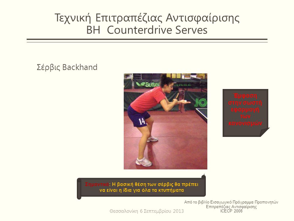 Τεχνική Επιτραπέζιας Αντισφαίρισης BH Counterdrive Serves Σέρβις Backhand Από το βιβλίο Εισαγωγικό Πρόγραμμα Προπονητών Επιτραπέζιας Αντισφαίρισης ICECP 2008 Σημαντικό: Η βασική θέση των σέρβις θα πρέπει να είναι η ίδια για όλα τα κτυπήματα Έμφαση στην σωστή εφαρμογή των κανονισμών Θεσσαλονίκη 6 Σεπτεμβρίου 2013