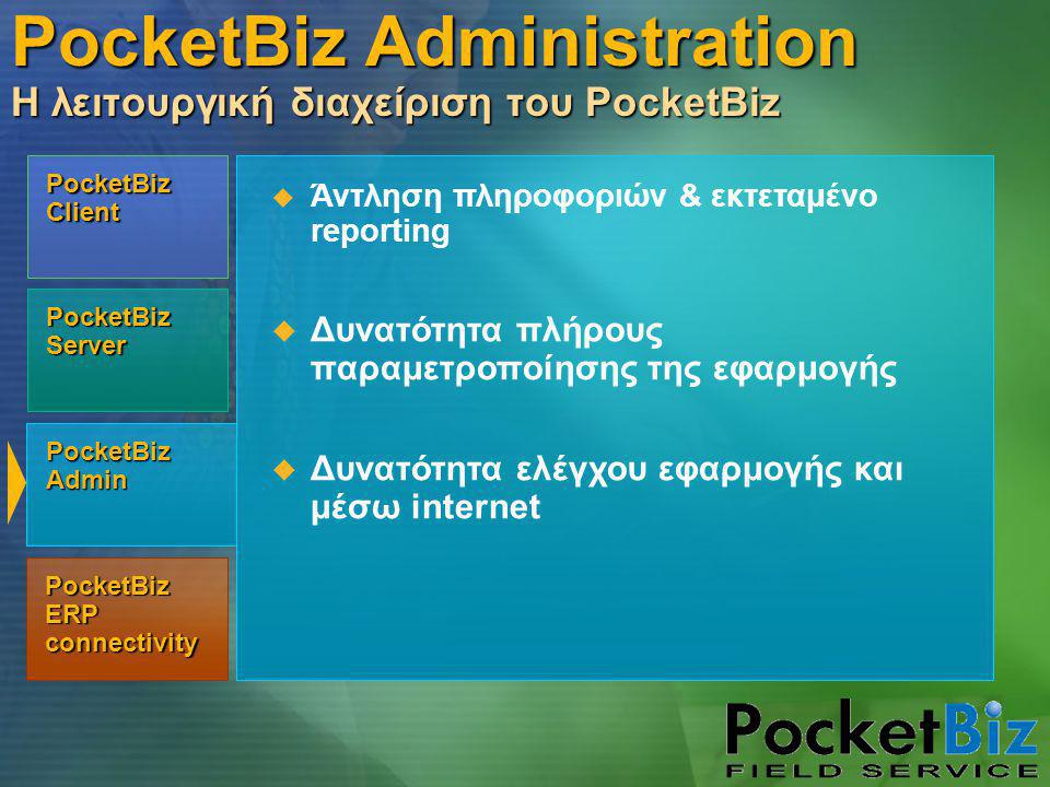 PocketBiz Admin PocketBiz Client PocketBiz Server PocketBiz ERP connectivity  Άντληση πληροφοριών & εκτεταμένο reporting  Δυνατότητα πλήρους παραμετροποίησης της εφαρμογής  Δυνατότητα ελέγχου εφαρμογής και μέσω internet PocketBiz Administration Η λειτουργική διαχείριση του PocketBiz