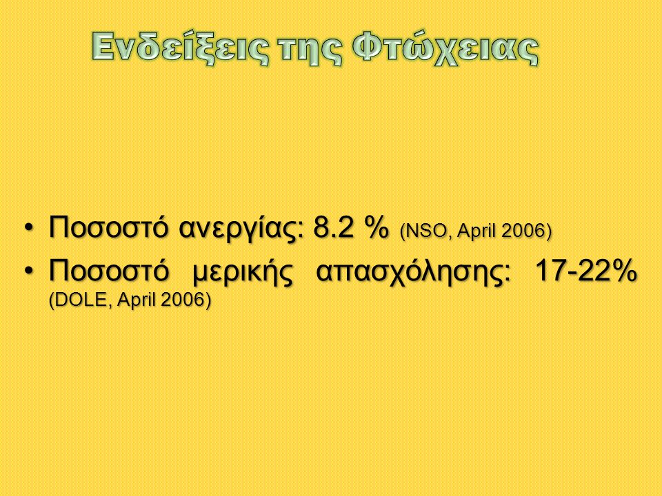 •Ποσοστό ανεργίας: 8.2 % (NSO, April 2006) •Ποσοστό μερικής απασχόλησης: 17-22% (DOLE, April 2006)