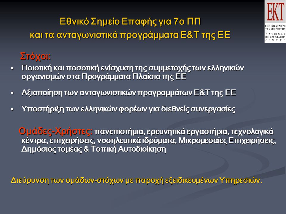 Εθνικό Σημείο Επαφής για 7o ΠΠ και τα ανταγωνιστικά προγράμματα Ε&Τ της ΕΕ Στόχοι: Στόχοι:  Ποιοτική και ποσοτική ενίσχυση της συμμετοχής των ελληνικών οργανισμών στα Προγράμματα Πλαίσιο της ΕΕ  Αξιοποίηση των ανταγωνιστικών προγραμμάτων Ε&Τ της ΕΕ  Υποστήριξη των ελληνικών φορέων για διεθνείς συνεργασίες Ομάδες-Χρήστες: πανεπιστήμια, ερευνητικά εργαστήρια, τεχνολογικά κέντρα, επιχειρήσεις, νοσηλευτικά ιδρύματα, Μικρομεσαίες Επιχειρήσεις, Δημόσιος τομέας & Τοπική Αυτοδιοίκηση Ομάδες-Χρήστες: πανεπιστήμια, ερευνητικά εργαστήρια, τεχνολογικά κέντρα, επιχειρήσεις, νοσηλευτικά ιδρύματα, Μικρομεσαίες Επιχειρήσεις, Δημόσιος τομέας & Τοπική Αυτοδιοίκηση Διεύρυνση των oμάδων-στόχων με παροχή εξειδικευμένων Υπηρεσιών.