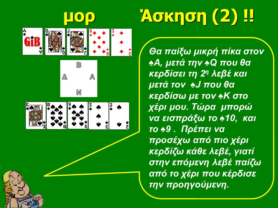 Θα παίξω μικρή πίκα στον ♠Α, μετά την ♠Q που θα κερδίσει τη 2 η λεβέ και μετά τον ♠J που θα κερδίσω με τον ♠Κ στο χέρι μου.