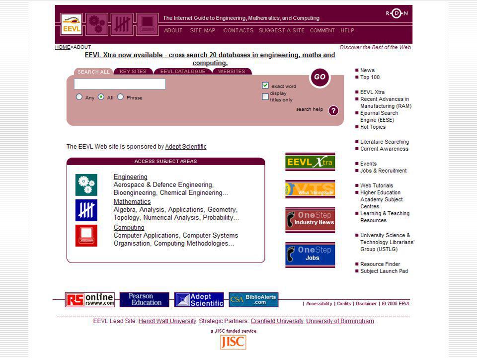Αρχική ιστοσελίδα του καταλόγου ειδικού σκοπού Edinburgh Engineering Virtual Library.
