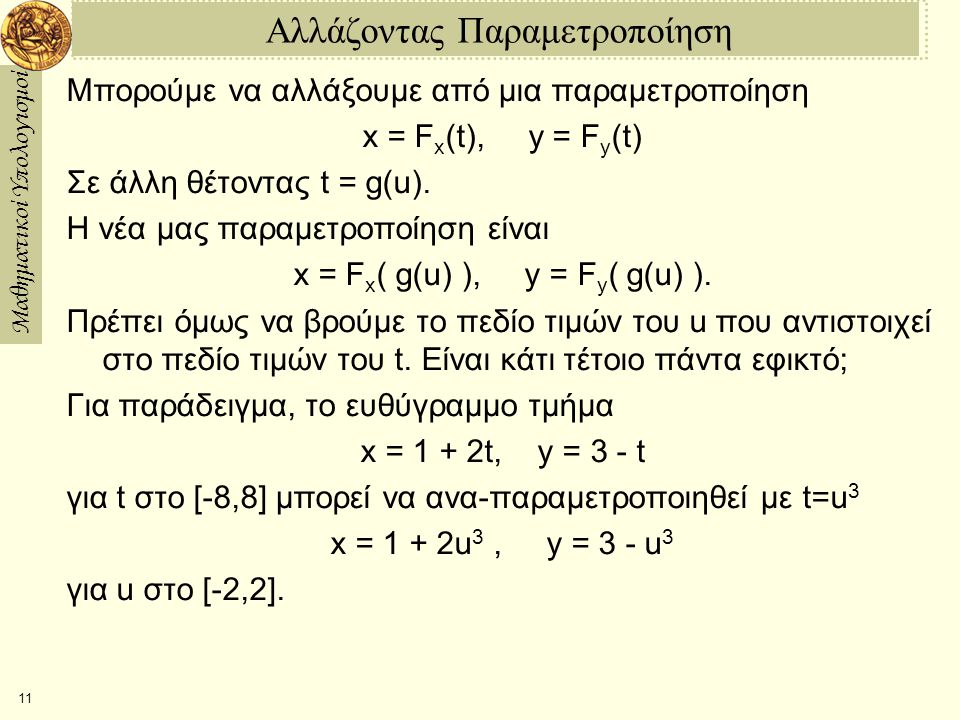 Μαθηματικοί Υπολογισμοί 11 Αλλάζοντας Παραμετροποίηση Μπορούμε να αλλάξουμε από μια παραμετροποίηση x = F x (t), y = F y (t) Σε άλλη θέτοντας t = g(u).