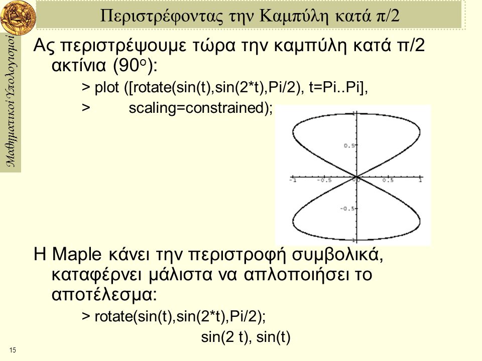 Μαθηματικοί Υπολογισμοί 15 Περιστρέφοντας την Καμπύλη κατά π/2 Ας περιστρέψουμε τώρα την καμπύλη κατά π/2 ακτίνια (90 ο ): > plot ([rotate(sin(t),sin(2*t),Pi/2), t=­Pi..Pi], > scaling=constrained); Η Maple κάνει την περιστροφή συμβολικά, καταφέρνει μάλιστα να απλοποιήσει το αποτέλεσμα: > rotate(sin(t),sin(2*t),Pi/2); ­ sin(2 t), sin(t)