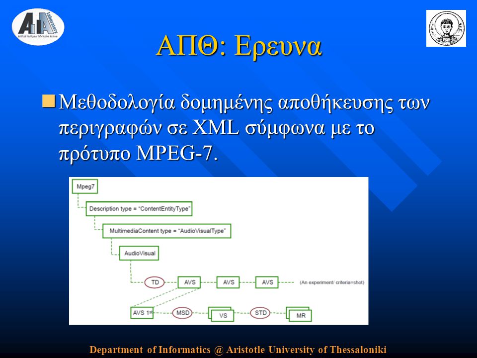 Department of Aristotle University of Thessaloniki ΑΠΘ: Ερευνα  Μεθοδολογία δομημένης αποθήκευσης των περιγραφών σε XML σύμφωνα με το πρότυπο MPEG-7.