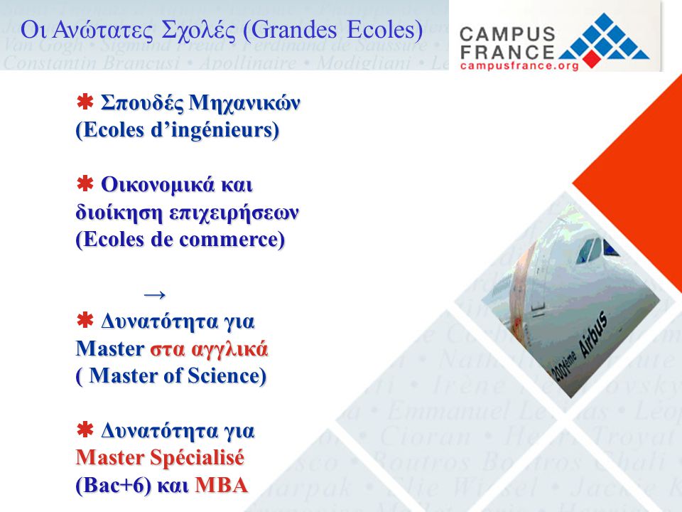 Οι Ανώτατες Σχολές (Grandes Ecoles) Σπουδές Μηχανικών  Σπουδές Μηχανικών (Ecoles d’ingénieurs) Οικονομικά και διοίκηση επιχειρήσεων  Οικονομικά και διοίκηση επιχειρήσεων (Ecoles de commerce) → Δυνατότητα για Master στα αγγλικά  Δυνατότητα για Master στα αγγλικά (Master of Science) ( Master of Science) Δυνατότητα για Master Spécialisé (Bac+6) και MBA  Δυνατότητα για Master Spécialisé (Bac+6) και MBA