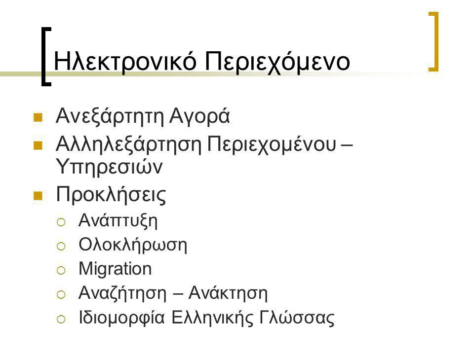 Ηλεκτρονικό Περιεχόμενο  Ανεξάρτητη Αγορά  Αλληλεξάρτηση Περιεχομένου – Υπηρεσιών  Προκλήσεις  Ανάπτυξη  Ολοκλήρωση  Migration  Αναζήτηση – Ανάκτηση  Ιδιομορφία Ελληνικής Γλώσσας