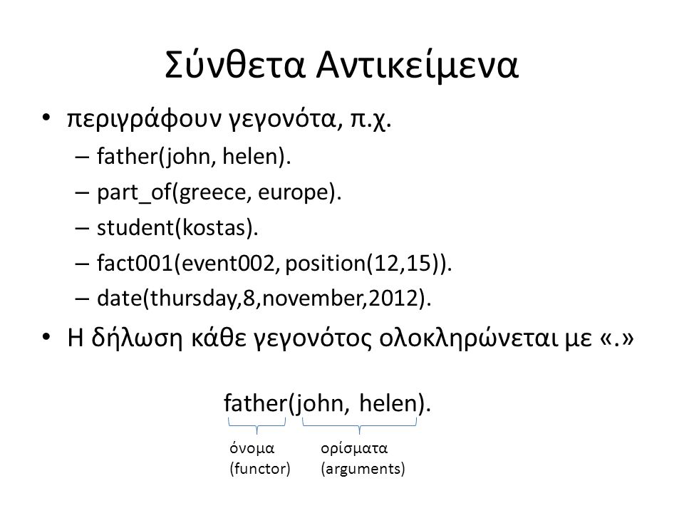 Σύνθετα Αντικείμενα • περιγράφουν γεγονότα, π.χ. – father(john, helen).