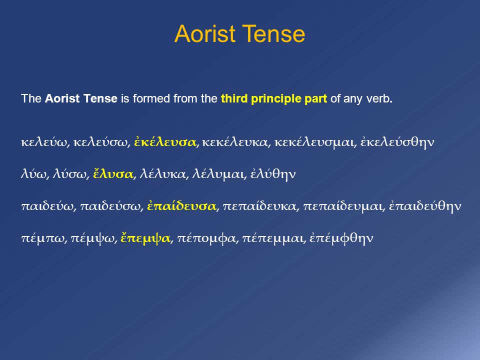 Aorist Tense The Aorist Tense is formed from the third principle part of any verb.