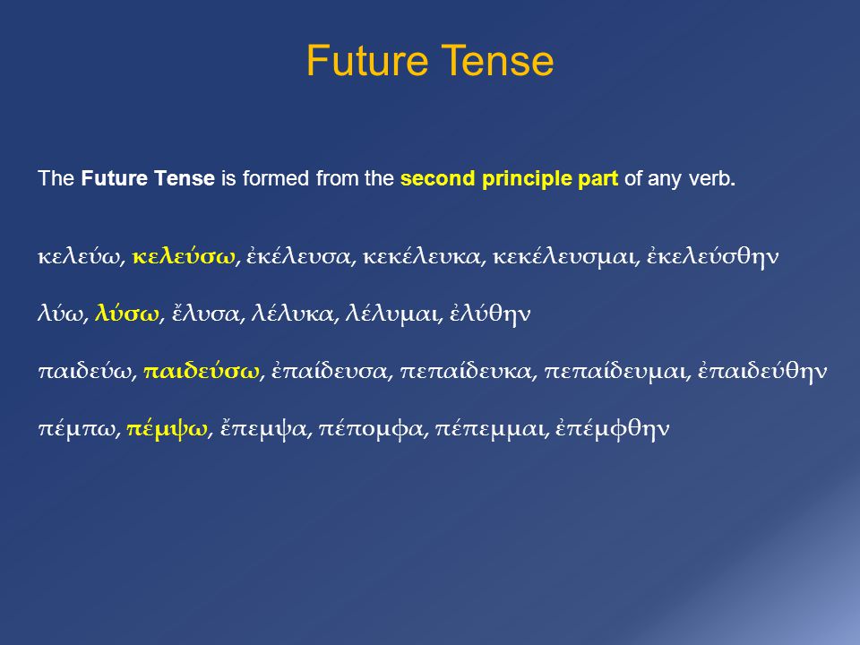Future Tense The Future Tense is formed from the second principle part of any verb.