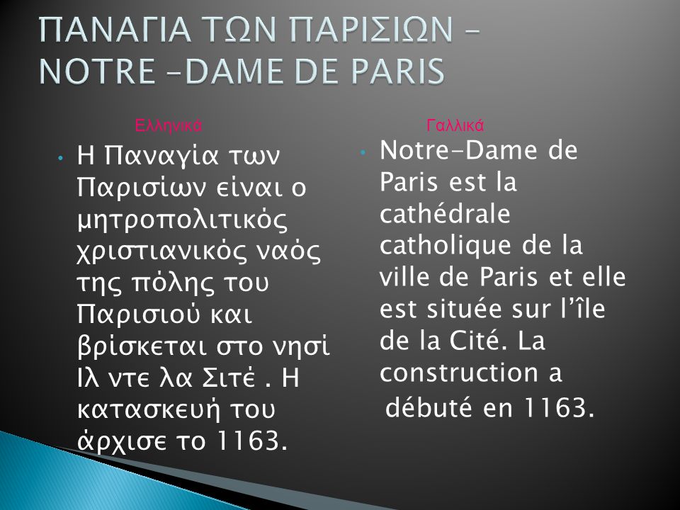 Η Παναγία των Παρισίων είναι ο μητροπολιτικός χριστιανικός ναός της πόλης του Παρισιού και βρίσκεται στο νησί Ιλ ντε λα Σιτέ.