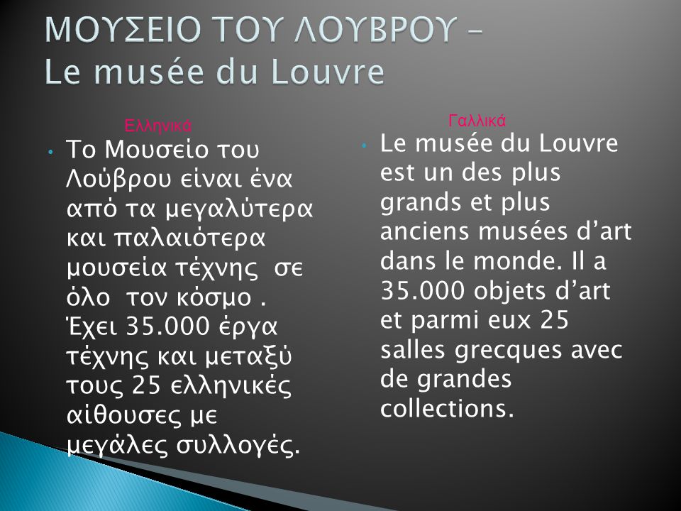 Το Μουσείο του Λούβρου είναι ένα από τα μεγαλύτερα και παλαιότερα μουσεία τέχνης σε όλο τον κόσμο.