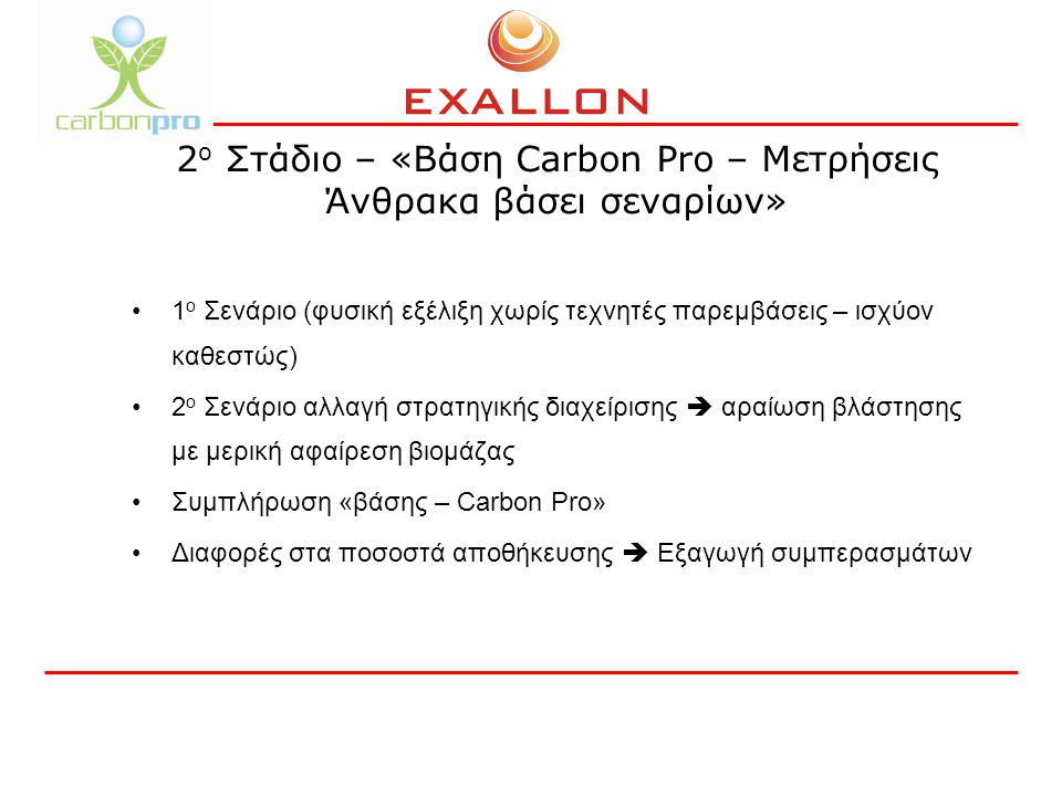 2 ο Στάδιο – «Βάση Carbon Pro – Μετρήσεις Άνθρακα βάσει σεναρίων» 1 ο Σενάριο (φυσική εξέλιξη χωρίς τεχνητές παρεμβάσεις – ισχύον καθεστώς) 2 ο Σενάριο αλλαγή στρατηγικής διαχείρισης  αραίωση βλάστησης με μερική αφαίρεση βιομάζας Συμπλήρωση «βάσης – Carbon Pro» Διαφορές στα ποσοστά αποθήκευσης  Εξαγωγή συμπερασμάτων