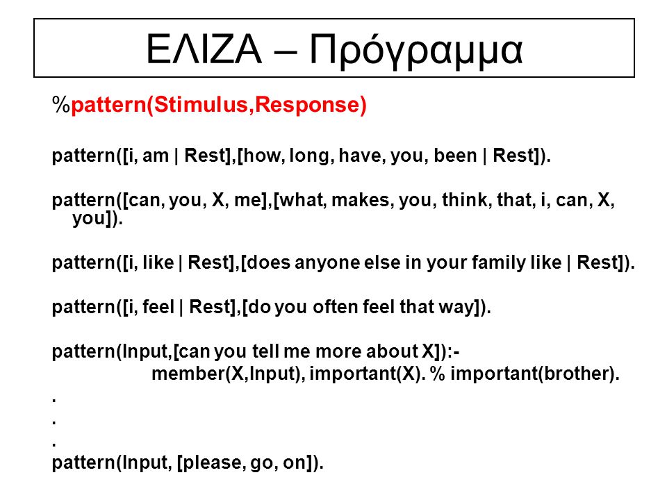 ΕΛΙΖΑ – Πρόγραμμα %pattern(Stimulus,Response) pattern([i, am | Rest],[how, long, have, you, been | Rest]).