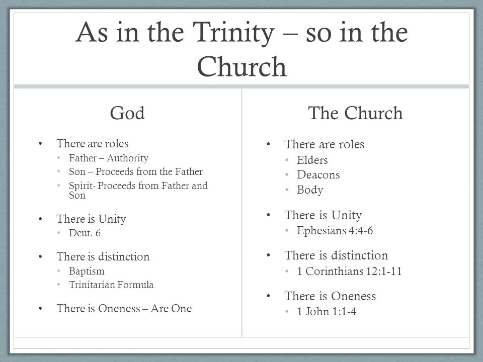 As in the Trinity – so in the Church God There are roles Father – Authority Son – Proceeds from the Father Spirit- Proceeds from Father and Son There is Unity Deut.