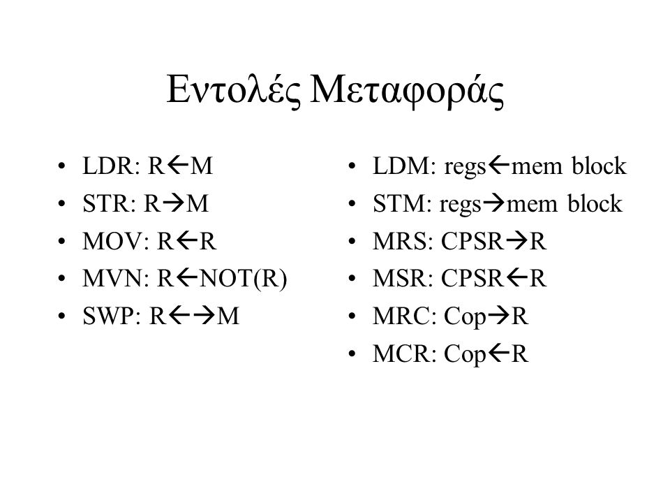 Εντολές Μεταφοράς LDR: R  M STR: R  M MOV: R  R MVN: R  NOT(R) SWP: R  M LDM: regs  mem block STM: regs  mem block MRS: CPSR  R MSR: CPSR  R MRC: Cop  R MCR: Cop  R