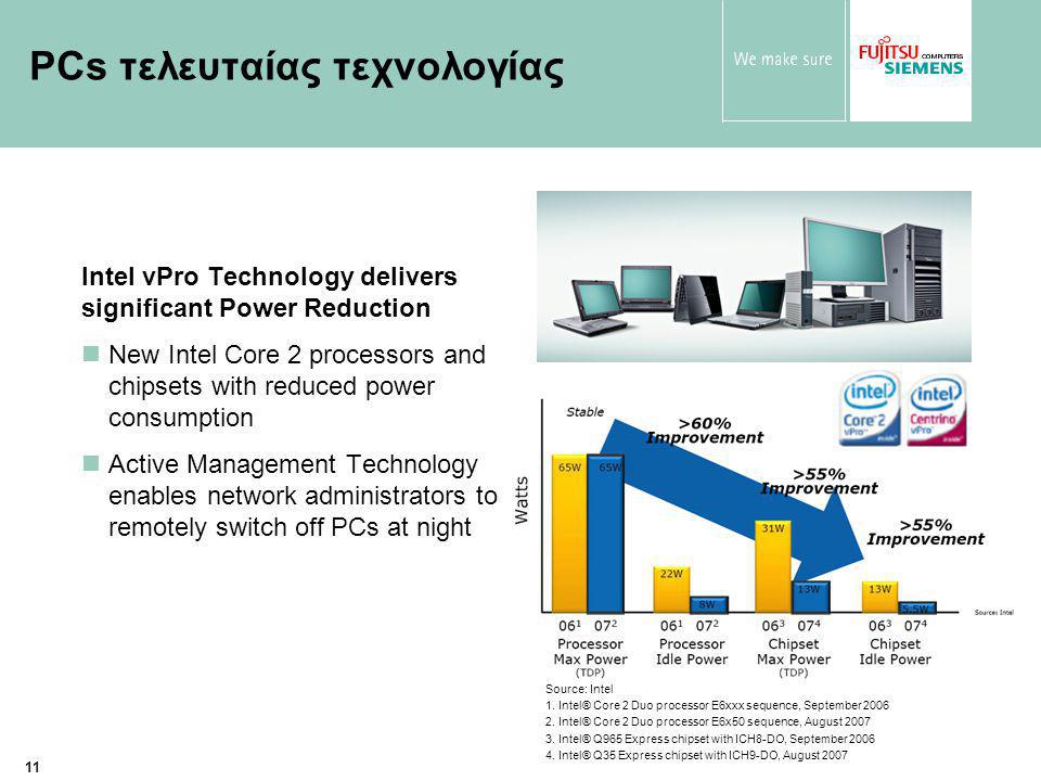 11 PCs τελευταίας τεχνολογίας Intel vPro Technology delivers significant Power Reduction New Intel Core 2 processors and chipsets with reduced power consumption Active Management Technology enables network administrators to remotely switch off PCs at night Source: Intel 1.