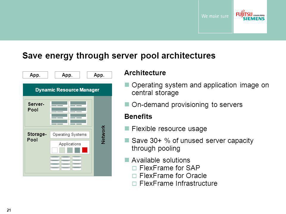 21 Architecture Operating system and application image on central storage On-demand provisioning to servers Benefits Flexible resource usage Save 30+ % of unused server capacity through pooling Available solutions  FlexFrame for SAP  FlexFrame for Oracle  FlexFrame Infrastructure Dynamic Resource Manager App.