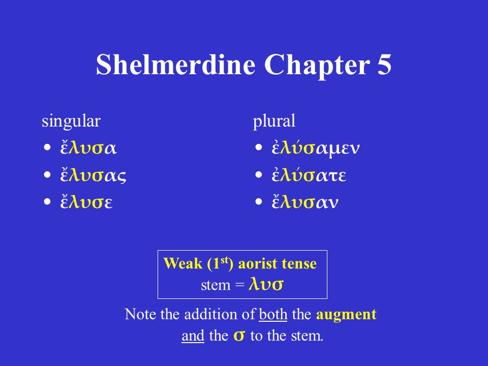 Shelmerdine Chapter 5 singular ἔλυσα ἔλυσας ἔλυσε plural ἐλύσαμεν ἐλύσατε ἔλυσαν Weak (1 st ) aorist tense stem = λυσ Note the addition of both the augment and the σ to the stem.