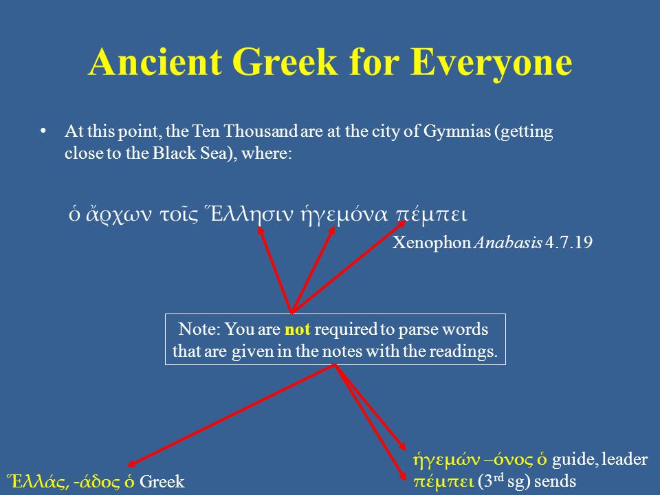 Ancient Greek for Everyone At this point, the Ten Thousand are at the city of Gymnias (getting close to the Black Sea), where: ὁ ἄρχων τοῖς Ἕλλησιν ἡγεμόνα πέμπει Xenophon Anabasis Ἕλλάς, -άδος ὁ Greek ἡγεμών –όνος ὁ guide, leader πέμπει (3 rd sg) sends Note: You are not required to parse words that are given in the notes with the readings.