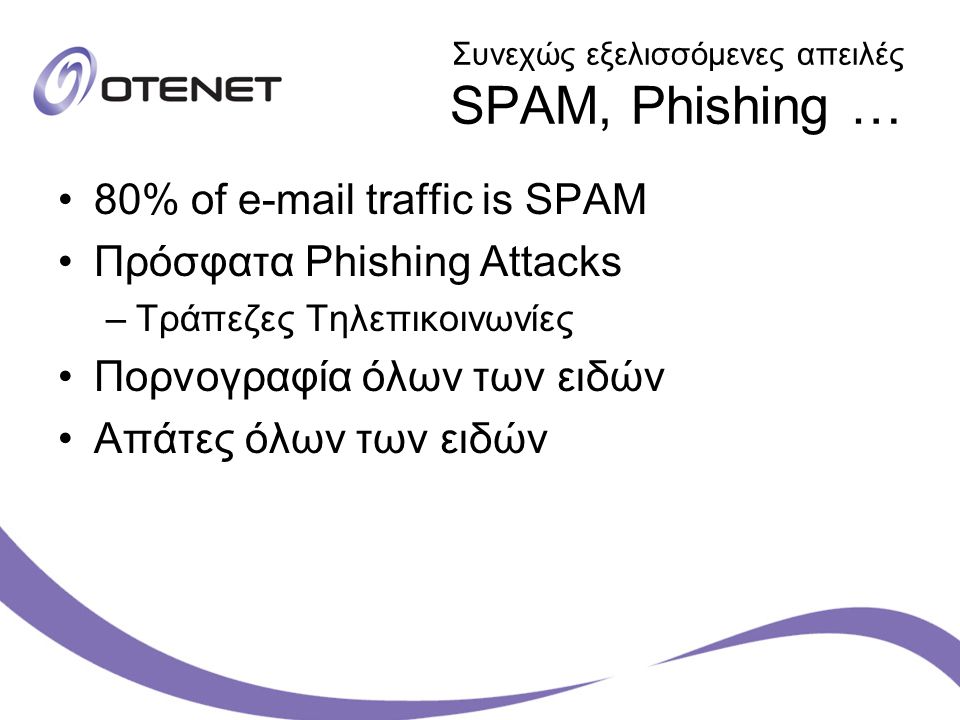 Συνεχώς εξελισσόμενες απειλές SPAM, Phishing … 80% of  traffic is SPAM Πρόσφατα Phishing Attacks –Τράπεζες Τηλεπικοινωνίες Πορνογραφία όλων των ειδών Απάτες όλων των ειδών