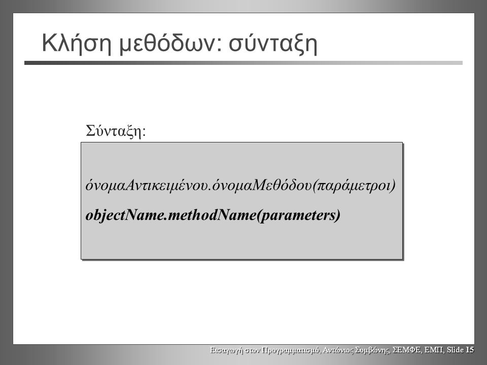 Εισαγωγή στον Προγραμματισμό, Αντώνιος Συμβώνης, ΣΕΜΦΕ, ΕΜΠ, Slide 15 Κλήση μεθόδων: σύνταξη όνομαΑντικειμένου.όνομαΜεθόδου(παράμετροι) objectName.methodName(parameters) όνομαΑντικειμένου.όνομαΜεθόδου(παράμετροι) objectName.methodName(parameters) Σύνταξη: