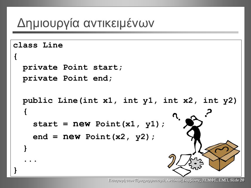 Εισαγωγή στον Προγραμματισμό, Αντώνιος Συμβώνης, ΣΕΜΦΕ, ΕΜΠ, Slide 20 Δημιουργία αντικειμένων class Line { private Point start; private Point end; public Line(int x1, int y1, int x2, int y2) { start = new Point(x1, y1); end = new Point(x2, y2); }...