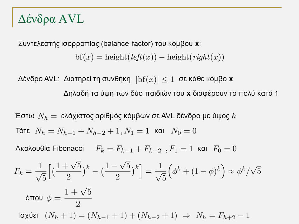 Δένδρα AVL Δένδρο AVL: Διατηρεί τη συνθήκη σε κάθε κόμβο x Δηλαδή τα ύψη των δύο παιδιών του x διαφέρουν το πολύ κατά 1 Συντελεστής ισορροπίας (balance factor) του κόμβου x: Έστω ελάχιστος αριθμός κόμβων σε AVL δένδρο με ύψος Τότεκαι Ακολουθία Fibonacciκαι όπου Ισχύει
