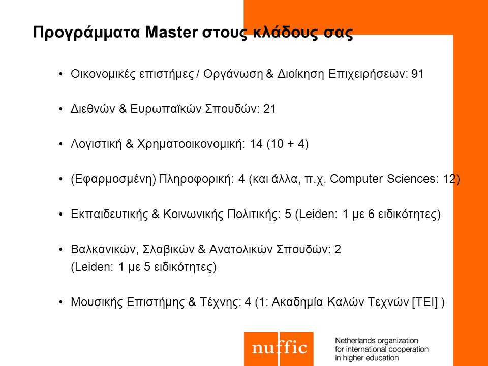 Προγράμματα Master στους κλάδους σας Οικονομικές επιστήμες / Οργάνωση & Διοίκηση Επιχειρήσεων: 91 Διεθνών & Ευρωπαϊκών Σπουδών: 21 Λογιστική & Χρηματοοικονομική: 14 (10 + 4) (Εφαρμοσμένη) Πληροφορική: 4 (και άλλα, π.χ.