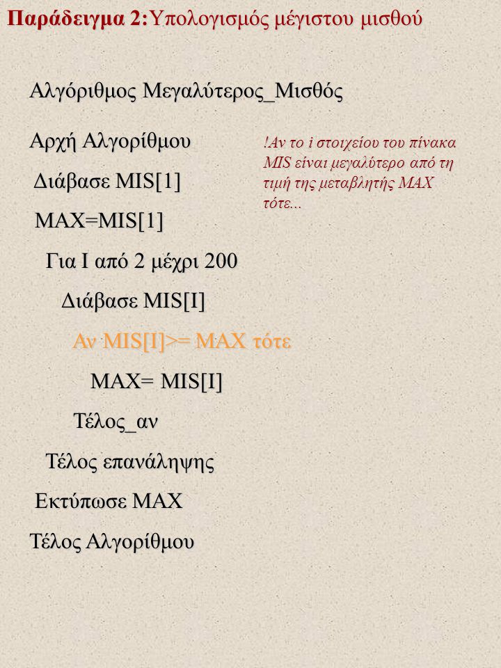 Παράδειγμα 2:Υπολογισμός μέγιστου μισθού Αλγόριθμος Μεγαλύτερος_Μισθός Αρχή Αλγορίθμου Διάβασε MIS[1] Διάβασε MIS[1] MAX=MIS[1] MAX=MIS[1] Για I από 2 μέχρι 200 Για I από 2 μέχρι 200 Διάβασε MIS[I] Διάβασε MIS[I] Αν MIS[I]>= MAX τότε Αν MIS[I]>= MAX τότε MAX= MIS[I] MAX= MIS[I] Τέλος_αν Τέλος_αν Τέλος επανάληψης Τέλος επανάληψης Εκτύπωσε MAX Εκτύπωσε MAX Τέλος Αλγορίθμου !Αν το i στοιχείου του πίνακα MIS είναι μεγαλύτερο από τη τιμή της μεταβλητής MAX τότε...