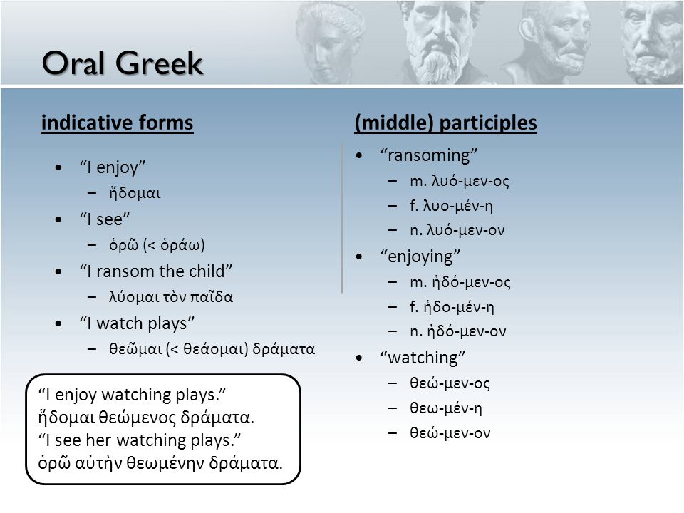 Oral Greek indicative forms I enjoy – ἥ δομαι I see – ὁ ρ ῶ (< ὁ ρ ά ω ) I ransom the child – λ ύ ομαι τ ὸ ν π α ῖ δα I watch plays – θε ῶ μαι (< θε ά ομαι ) δρ ά ματα (middle) participles ransoming – m.