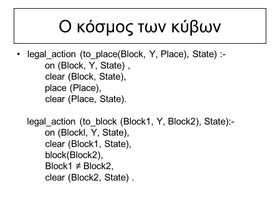 Ο κόσμος των κύβων legal_action (to_place(Block, Y, Place), State) :- on (Block, Y, State), clear (Block, State), place (Place), clear (Place, State).