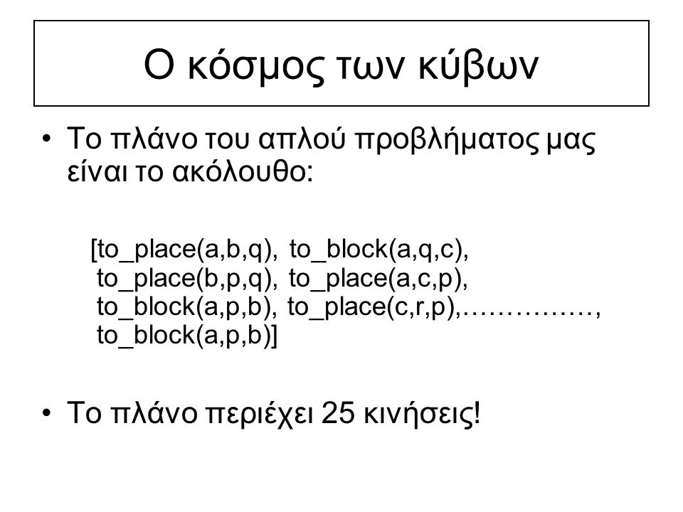 Ο κόσμος των κύβων Το πλάνο του απλού προβλήματος μας είναι το ακόλουθο: [to_place(a,b,q), to_block(a,q,c), to_place(b,p,q), to_place(a,c,p), to_block(a,p,b), to_place(c,r,p),……………, to_block(a,p,b)] Το πλάνο περιέχει 25 κινήσεις!