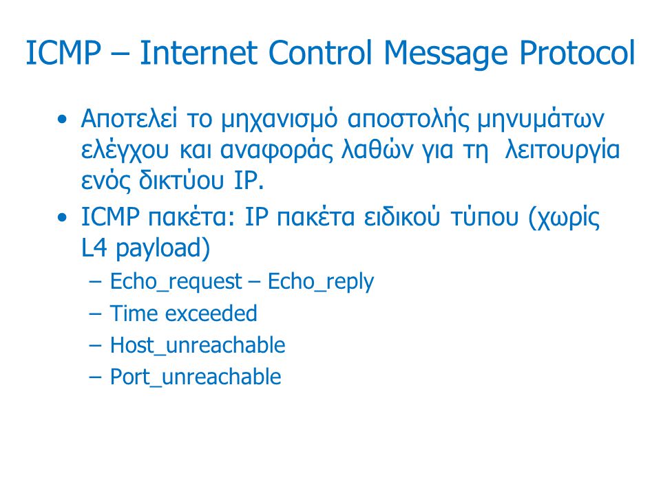 ICMP – Internet Control Message Protocol Αποτελεί το μηχανισμό αποστολής μηνυμάτων ελέγχου και αναφοράς λαθών για τη λειτουργία ενός δικτύου IP.