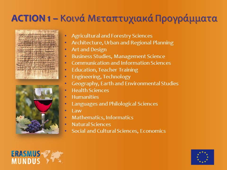 Agricultural and Forestry Sciences Architecture, Urban and Regional Planning Art and Design Business Studies, Management Science Communication and Information Sciences Education, Teacher Training Engineering, Technology Geography, Earth and Environmental Studies Health Sciences Humanities Languages and Philological Sciences Law Mathematics, Informatics Natural Sciences Social and Cultural Sciences, Economics ACTION 1 – Κοινά Μεταπτυχιακά Προγράμματα