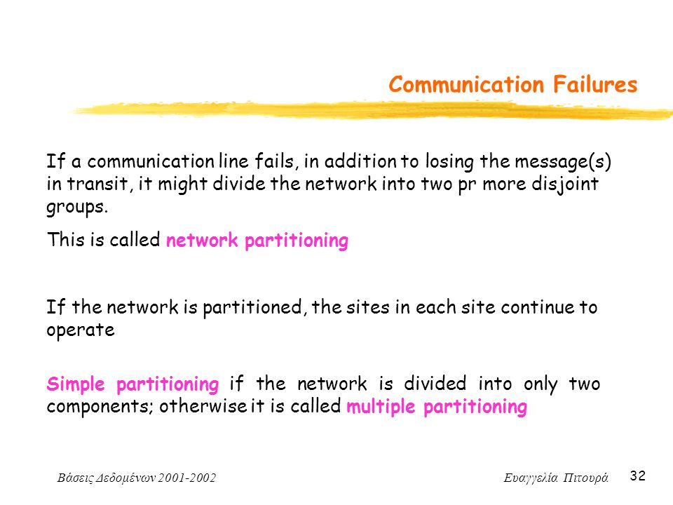 Βάσεις Δεδομένων Ευαγγελία Πιτουρά 32 Communication Failures If a communication line fails, in addition to losing the message(s) in transit, it might divide the network into two pr more disjoint groups.