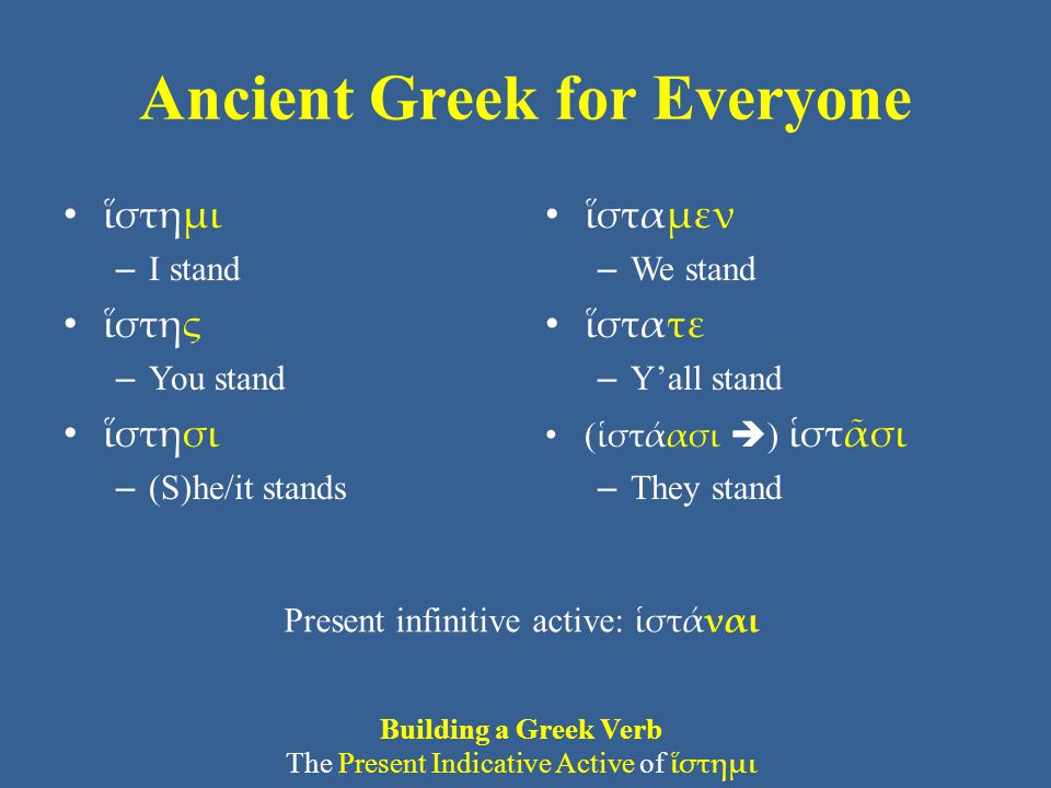 Ancient Greek for Everyone ἵστημι – I stand ἵστης – You stand ἵστησι – (S)he/it stands ἵσταμεν – We stand ἵστατε – Y’all stand ( ἱστάασι  ) ἱστᾶσι – They stand Present infinitive active: ἱστάναι Building a Greek Verb The Present Indicative Active of ἵστημι