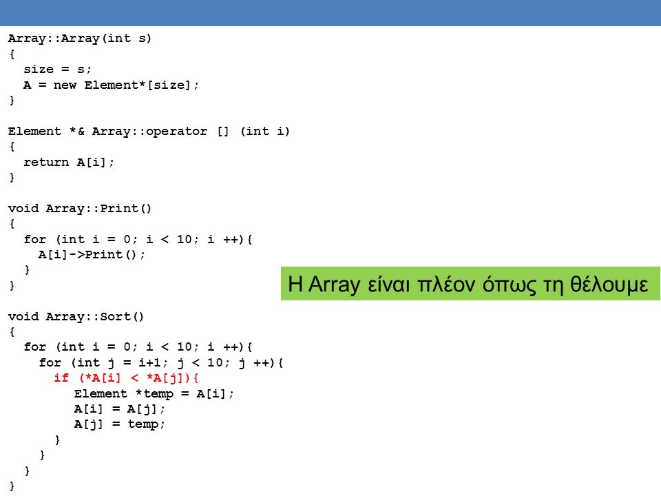 Array::Array(int s) { size = s; A = new Element*[size]; } Element *& Array::operator [] (int i) { return A[i]; } void Array::Print() { for (int i = 0; i < 10; i ++){ A[i]->Print(); } void Array::Sort() { for (int i = 0; i < 10; i ++){ for (int j = i+1; j < 10; j ++){ if (*A[i] < *A[j]){ Element *temp = A[i]; A[i] = A[j]; A[j] = temp; } Η Array είναι πλέον όπως τη θέλουμε