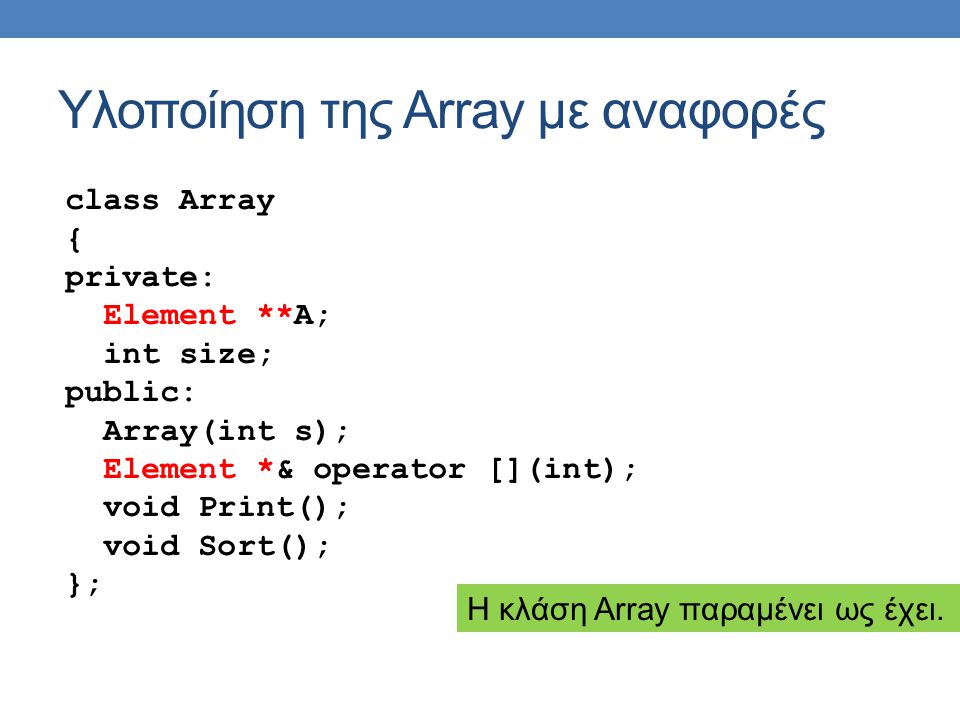 Υλοποίηση της Array με αναφορές class Array { private: Element **A; int size; public: Array(int s); Element *& operator [](int); void Print(); void Sort(); }; Η κλάση Array παραμένει ως έχει.